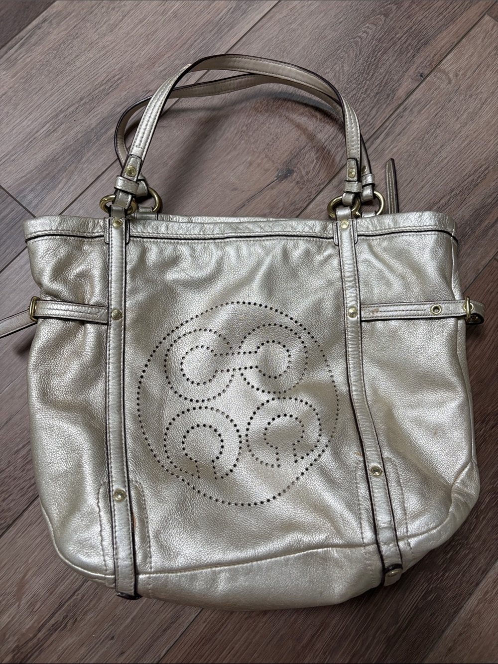 Coach Metallic Audrey Gold Champagne Perforated Tote Y2K Vintage Shoulder Bag